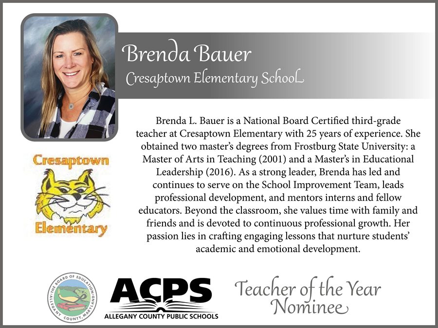 Brenda Bauer, 2025 Teacher of the Year nominee, Cresaptown Elementary.