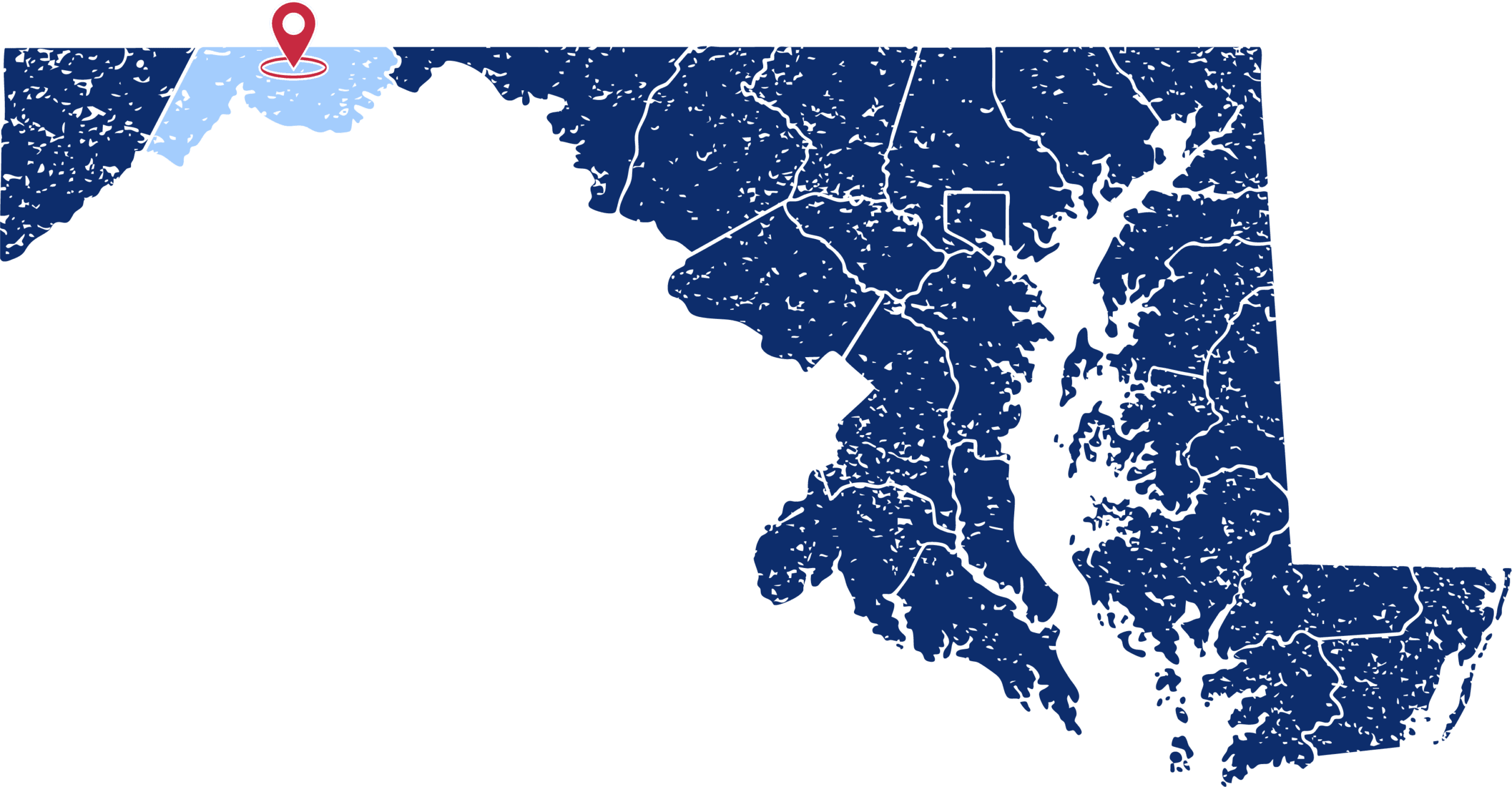 State of Maryland map with Allegany County highlighted with a graphic element.