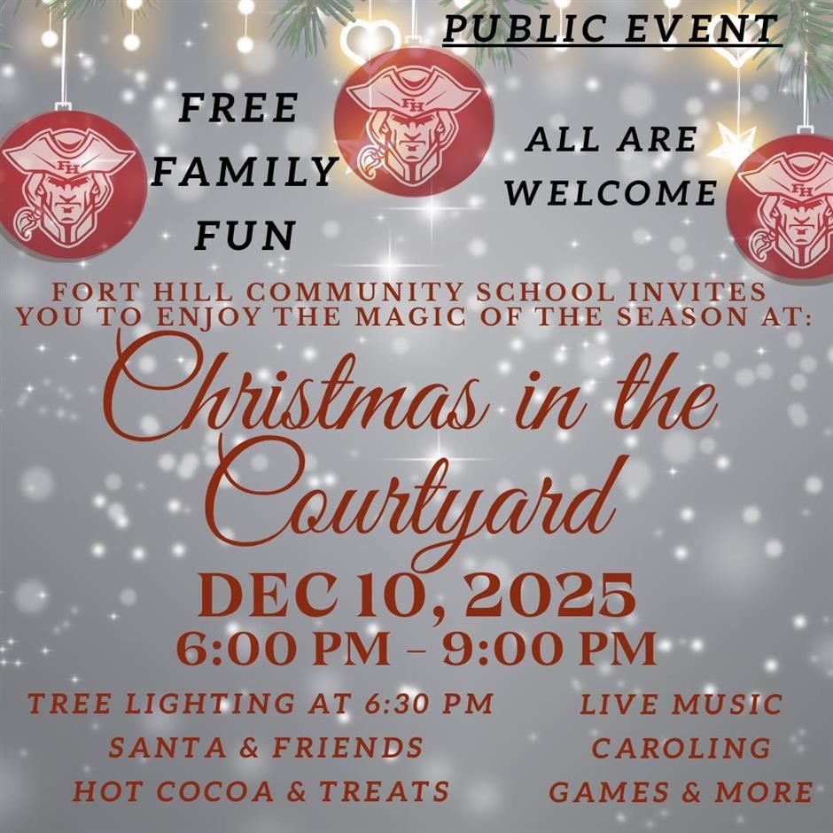 Graphic with ornament designs and text overlay about a Christmas event.