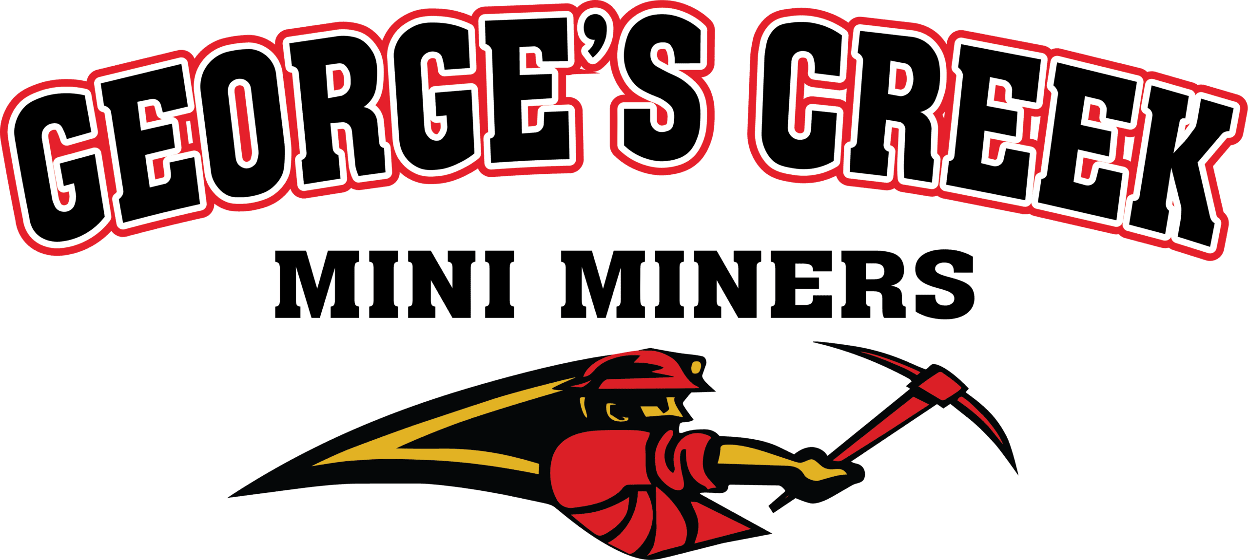 Logo with large text in an arc, "George's Creek" with smaller text below, "Mini Miners." Man swinging a pickaxe is below the text.