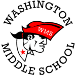 Red, white, and black logo of a colonial man with a red hat with WMS on the hat and 'Washington Middle School" in a circle around the head.