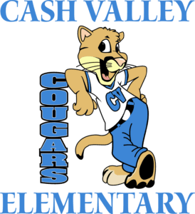Graphic of a cartoon cougar leaning on vertical text, "Cougars," and "Cash Valley," above and "Elementary," below.