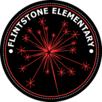 Black circle logo with a white dashed line and red line bordering text arcing across the top inner half, "Flintstone Elementary." Red sparks in the middle.