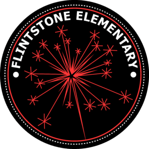 Black circle logo with a white dashed line and red line bordering text arcing across the top inner half, "Flintstone Elementary." Red sparks in the middle.