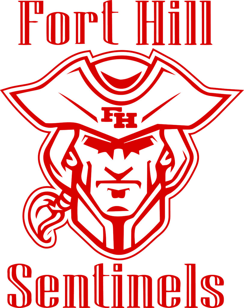 White and red logo with text, "Fort Hill Sentinels," above and below a colonial man's head.