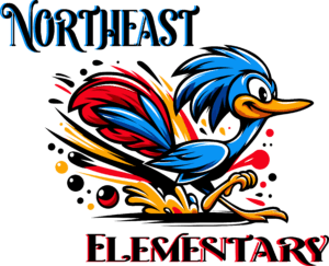 Graphic of a roadrunner bird running with text around it, "Northeast Elementary."