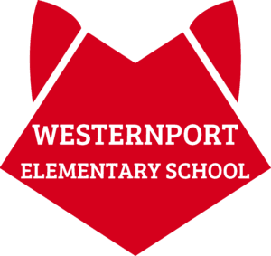 Red logo of a minimalist cat head with text, "Westernport Elementary School."