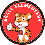 Tiger with a, "B' on chest, standing in the center of a circle with a red background and words above, "Beall Elementary."