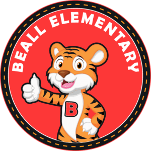 Tiger with a, "B' on chest, standing in the center of a circle with a red background and words above, "Beall Elementary."