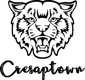Graphic of a wildcat's head above text, "Cresaptown."