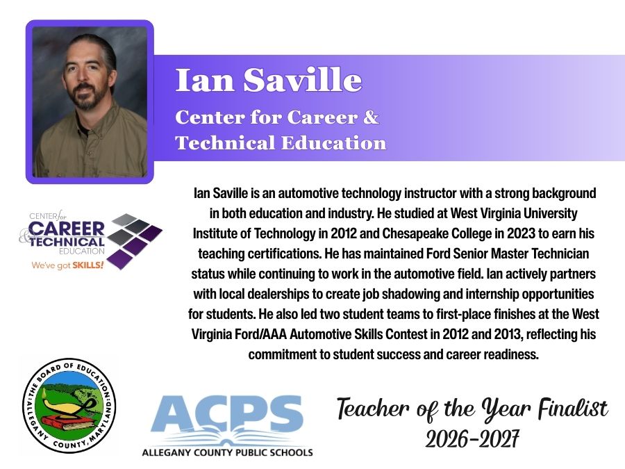 Graphic displaying information about Ian Saville, teacher of the year 2026 finalist.