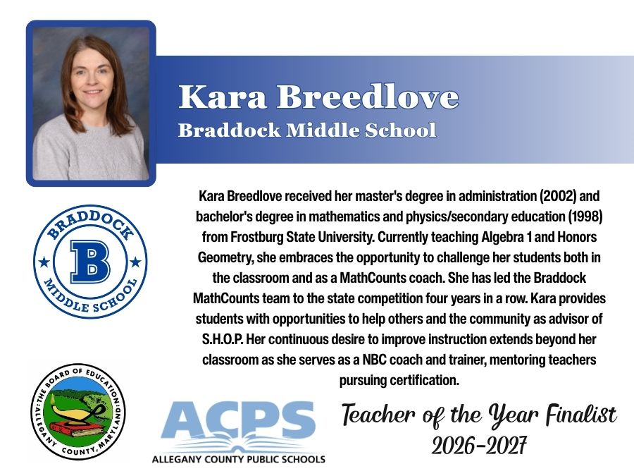Graphic displaying information about Kara Breedlove, teacher of the year 2026 finalist.