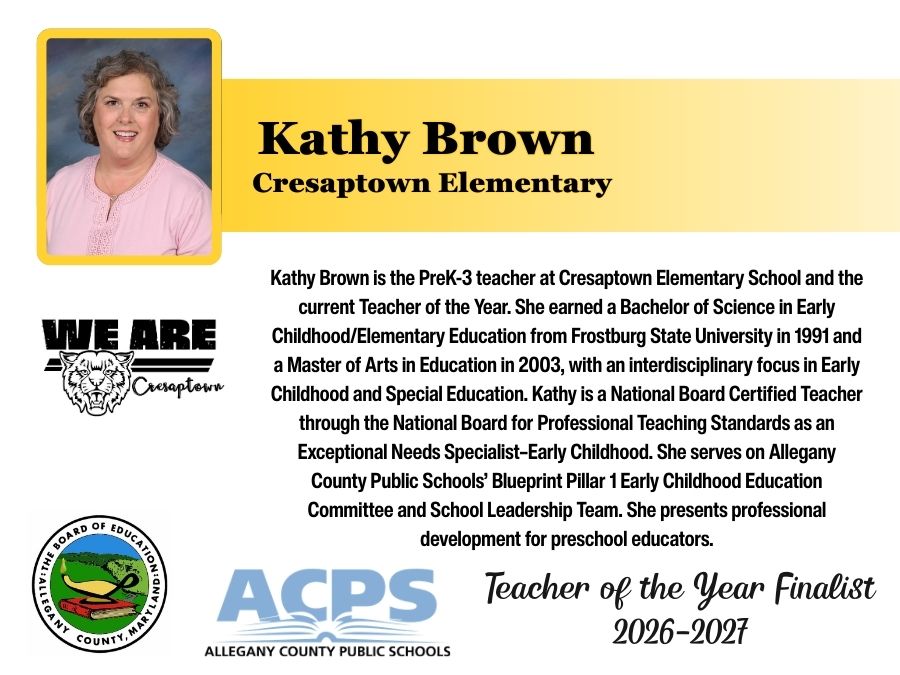 Graphic displaying information about Kathy Brown, teacher of the year 2026 finalist.