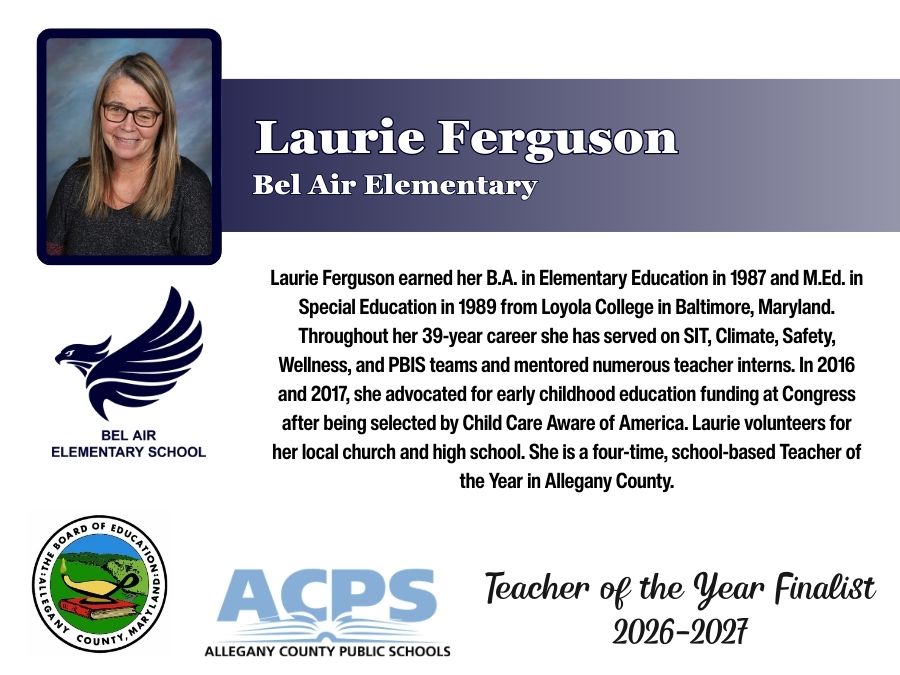 Graphic displaying information about Laurie Ferguson, teacher of the year 2026 finalist.