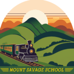 Logo with a train going through mountains with a sunset. Text, "Mount Savage School."