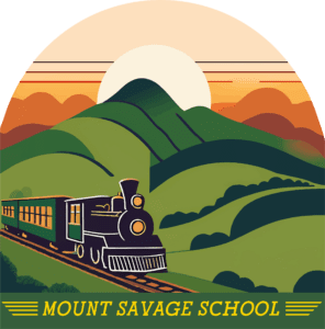 Logo with a train going through mountains with a sunset. Text, "Mount Savage School."