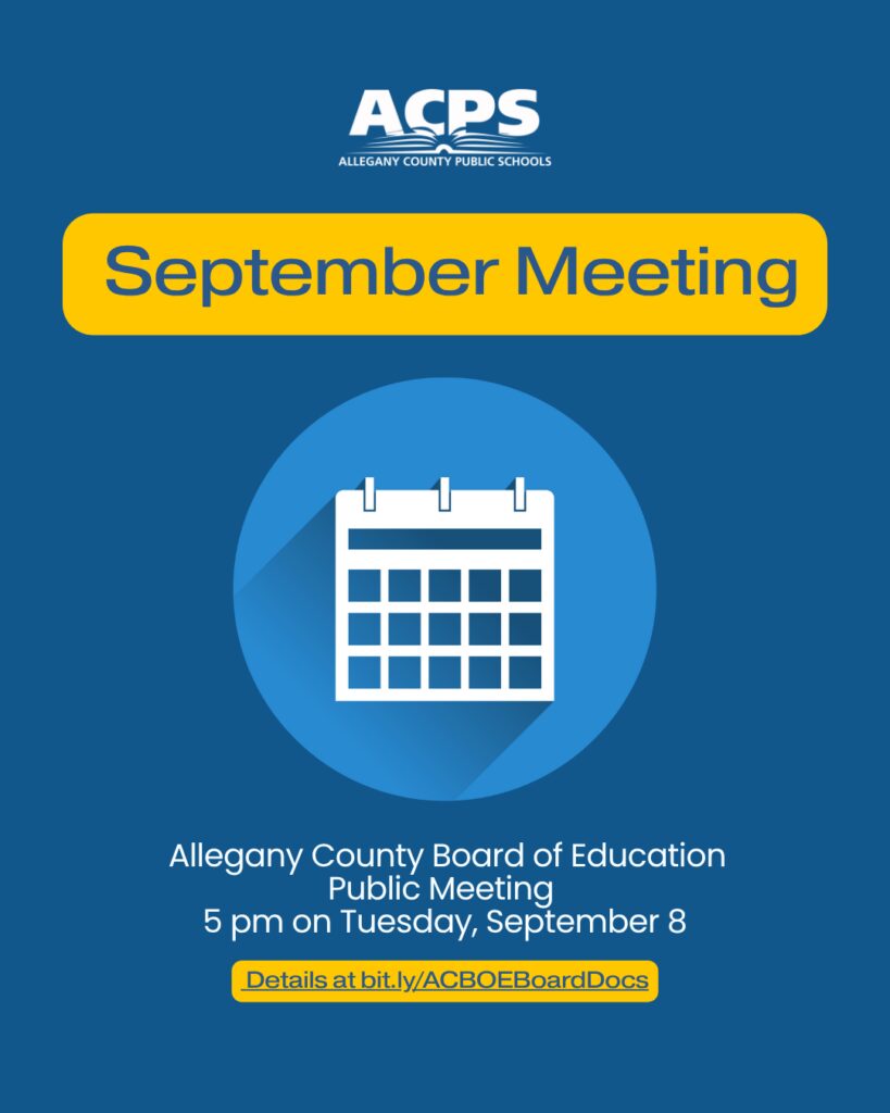 Graphic in blue and yellow with calendar and text that reads September Meeting and ACPS Logo