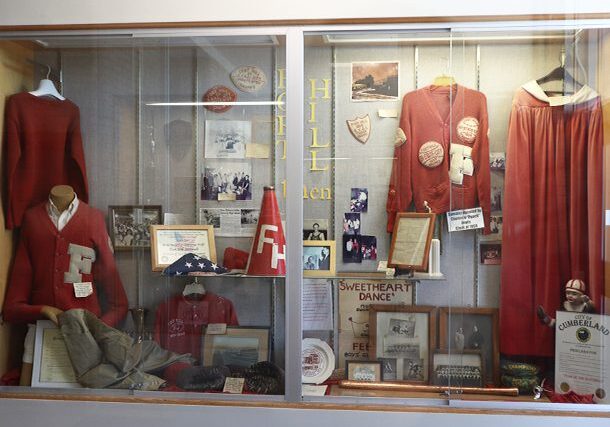 fort hill high school display case showing items from the past.