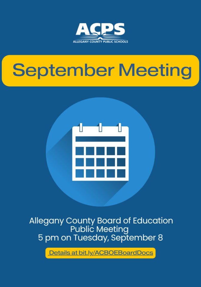 Graphic in blue and yellow with calendar and text that reads September Meeting and ACPS Logo