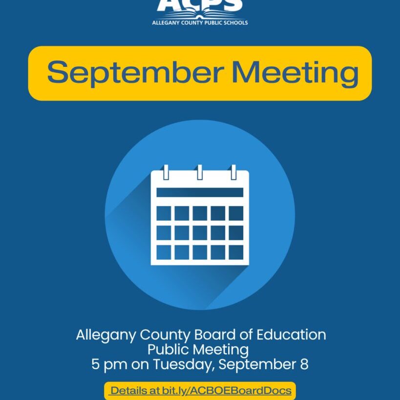 Graphic in blue and yellow with calendar and text that reads September Meeting and ACPS Logo