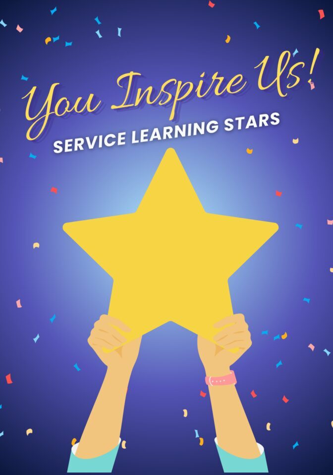 Graphic of golden star against blue background with words "you inspire us Service Learning Stars"