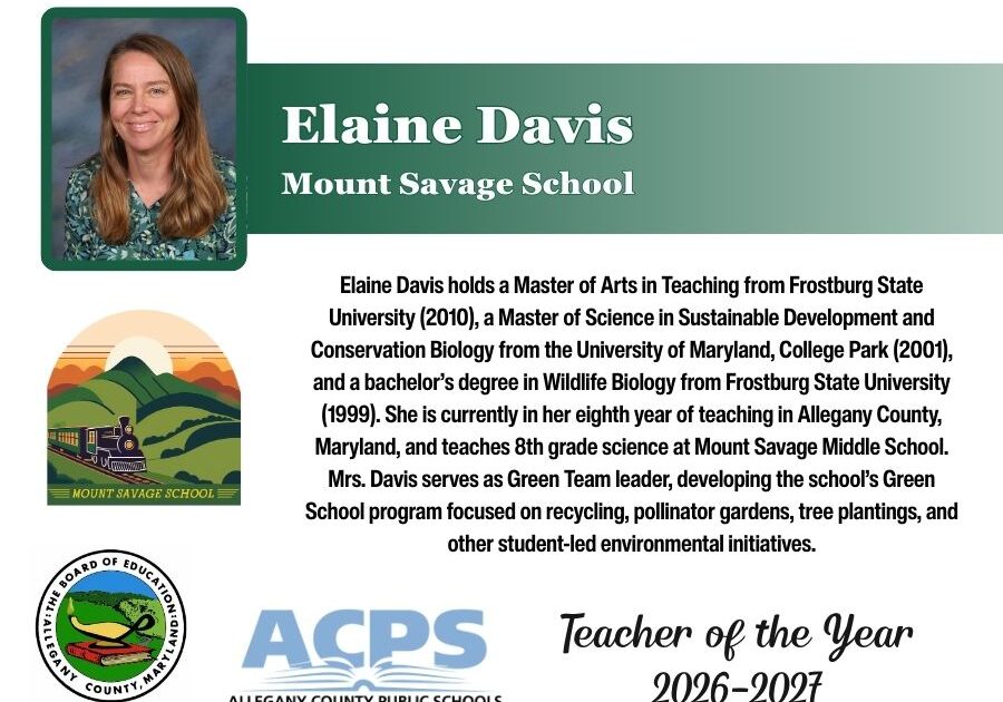 Graphic displaying information about Elaine Davis, teacher of the year 2026.