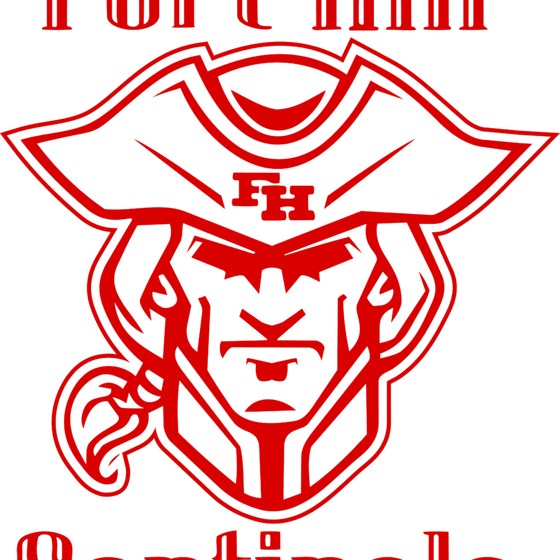 White and red logo with text, "Fort Hill Sentinels," above and below a colonial man's head.