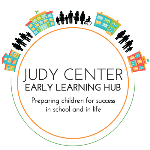 Orange and green circle logo with graphics and text for Judy Center Early Learning Hub