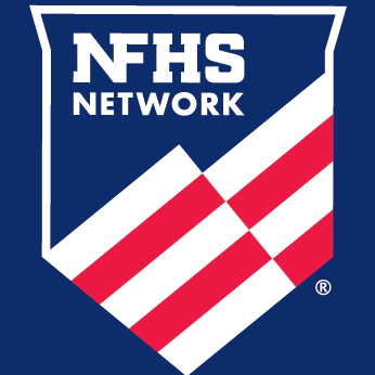 Red and white shield logo with text overlay, "NFHS Network," on a blue background.