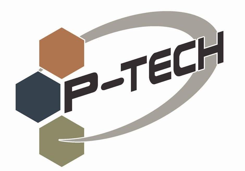 Logo with text 'P-Tech,' and three hexagons at the left of a crescent shape.